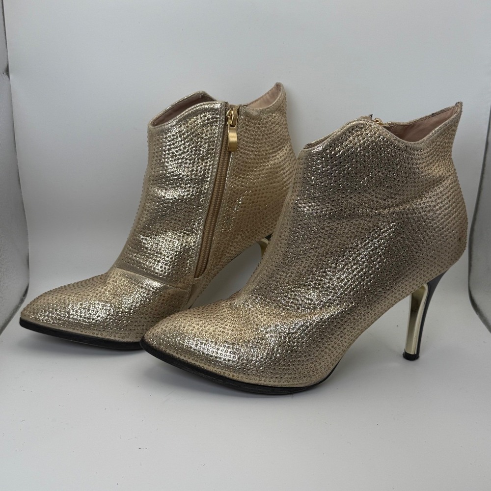 Lucky Couture Rhinestone Ankle Boots Stiletto Heel Gold Party Shoes 39 Sz 8